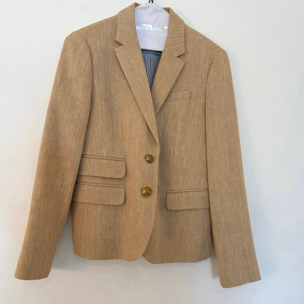 J.Crew Dalton Blazer Size 2 Beige Herringbone Linen Cotton Gold Button Jacket